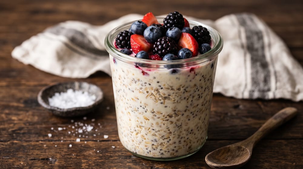 Overnight spelt in a jar with berries