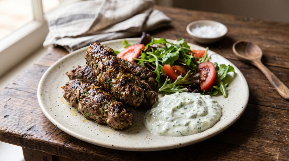 Lamb koftas with salad and tzatziki