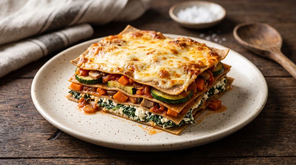 A square slice of vegetable lasagne