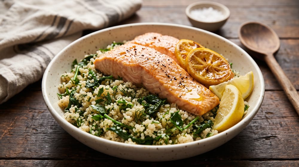 Baked salmon on lemon herb quinoa in a speckled bowl on a dark wooden table